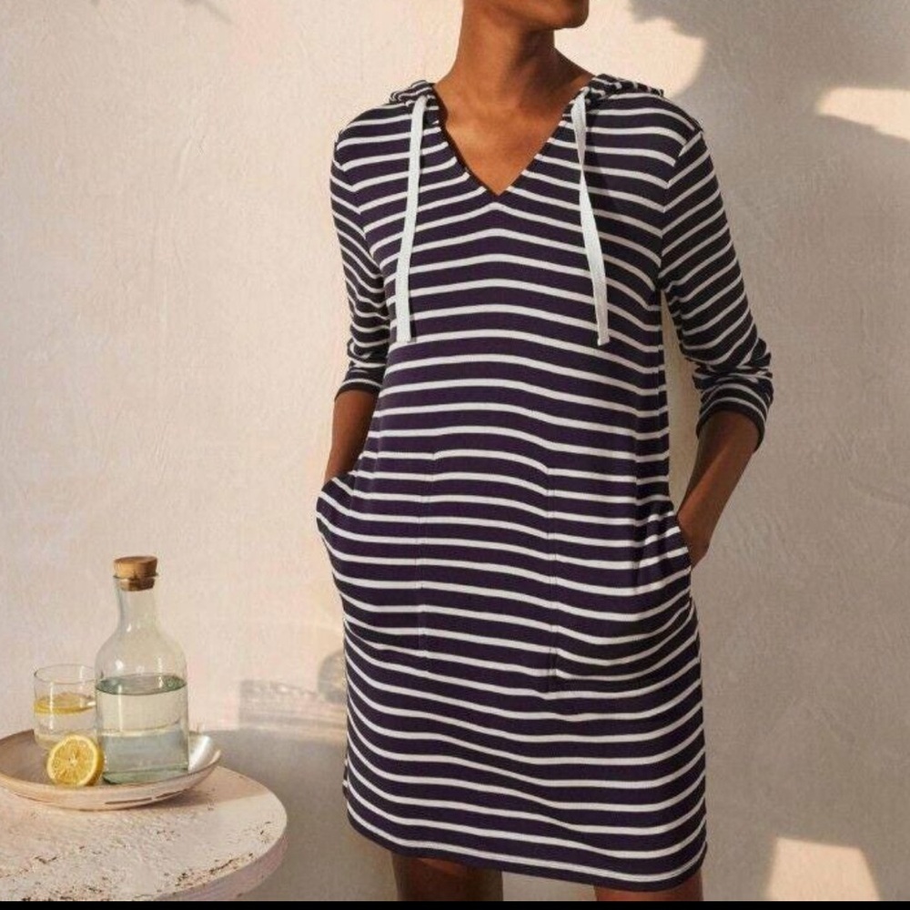 Boden Imelda Hooded Jersey Dress Tunic Navy White Stripes Pockets Size 8 Travel